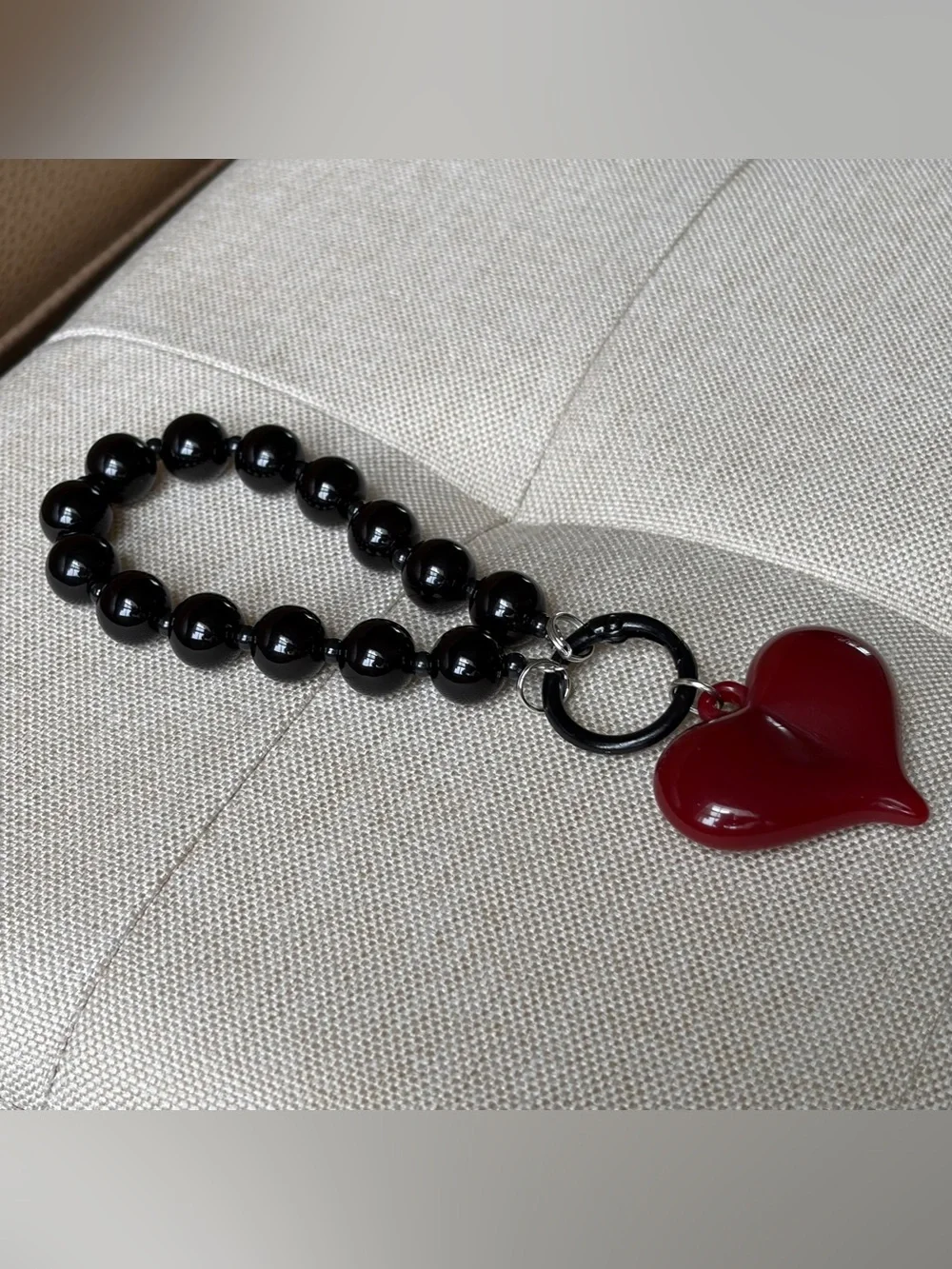 Black Beaded Bracelet/Keychain with Red Heart Charm
